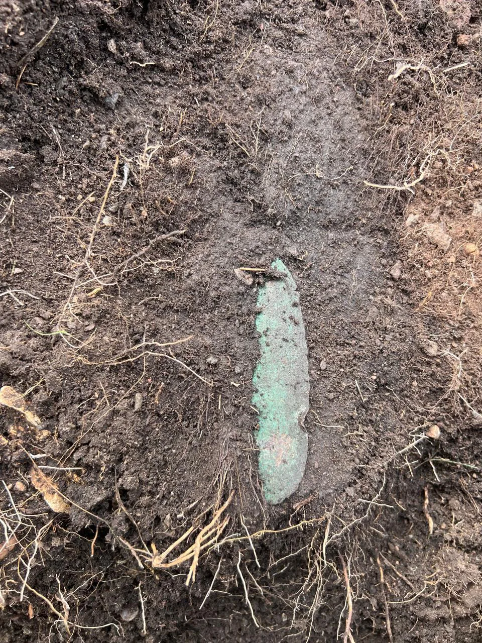 Наконечник копья в земле у основания каменной ограды. Фото: экспедиция Astana Research Group, 2025