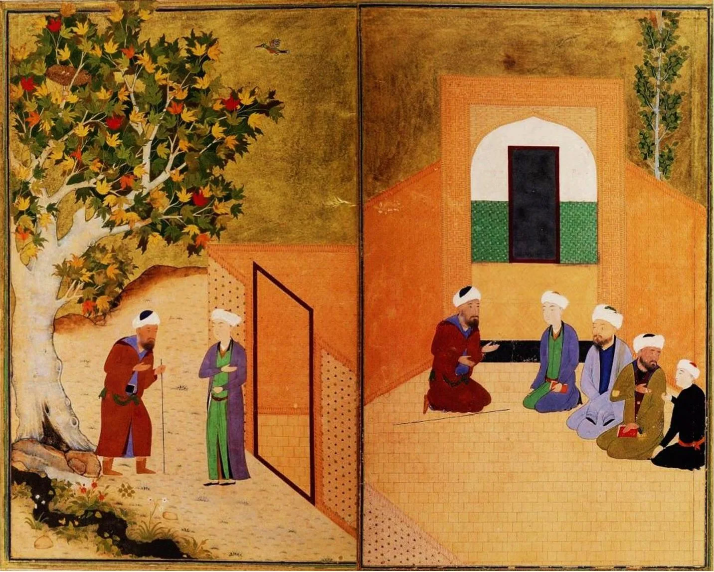 Double page illustration in late Timurid manuscript of Sa'di's story of "Sa'di and the Youth of Kashgar" in his Gulistan ch 5, story 17: In the year when Muhammad Khovarezm Shah concluded peace with the king of Khata to . Фото: Saadi, Public domain, Викисклад